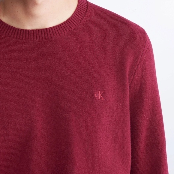 Calvin Klein CK Logo Wool blend Crewneck Classic Holiday Knit Sweater Wine sze M - Picture 3 of 10